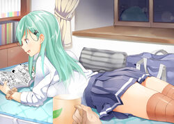  :d alternate_costume aqua_hair bag blue_eyes blush book bookshelf byte_(allbyte) cityscape coffee_mug commentary_request cup curtains drinking_glass duffel_bag female from_side glass hair_ornament hairclip highres holding holding_book holding_cup indoors kantai_collection leaf_print long_hair long_sleeves lying manga_(object) mattress mug on_bed on_stomach open_book open_mouth orange_thighhighs out_of_frame pillow plaid plaid_scrunchie pleated_skirt pov pov_hands print_mug profile reading reflection scrunchie shelf shirt skirt sleeves_past_elbows sleeves_pushed_up smile solo_focus steam striped_clothes striped_thighhighs suzuya_(kancolle) sweat sweatdrop thighhighs thighs white_shirt window windowsill wrist_scrunchie zettai_ryouiki 