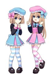  2girls :d beret blue_bow blue_eyes blush bow brown_hair dress full_body gekijigen__blanc_+_neptune_vs_zombie_gundan hair_between_eyes hands_up hat highres long_hair looking_at_viewer mary_janes multiple_girls neptune_(series) open_mouth pink_bow ram_(neptunia) rom_(neptunia) shoes short_hair siblings simple_background sisters smile standing standing_on_one_leg striped_clothes striped_thighhighs thighhighs twins white_background zero_(ray_0805) 