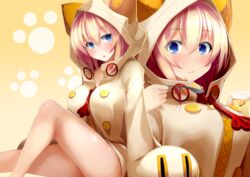  :o animal_hood blazblue blonde_hair blue_eyes blush breasts buttons cake cat_hood commentary_request cosplay dd_mayohara eating es_(xblaze) female food hood hoodie large_breasts long_sleeves looking_at_viewer multiple_views sitting taokaka taokaka_(cosplay) thighs xblaze xblaze_code:_embryo zipper 