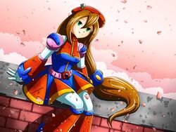  android arm_support belt beret breasts brown_hairs capcom cherry_blossoms dress female green_eyes hair_between_eyes hat iris_(rockman_x) low-tied_long_hair medium_breasts rockman rockman_x rockman_x4 sitting smile solo sunnythesunflower 