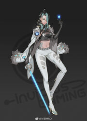  artist_name character_name cloak commentary_request crop_top elbow_gloves esports_cosmetic female fiora_(league_of_legends) glasses gloves headphones headphones_around_neck highres invictus_gaming league_of_legends league_of_legends_world_championship mrq rapier summoner&#039;s_cup sword theshy_(gamer) weapon 