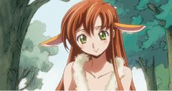  animated animated bare_shoulders blush breasts brown_hair cleavage code_geass code_geass:_nunnally_in_wonderland cosplay costume curvy fawn female female green_eyes highres long_hair looking_at_viewer screencap shirley_fenette smile solo stitched straight thighs 