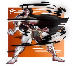  black_hair breasts busty capcom female hecatoncheires jahves large_breasts legs long_hair muscles muscular_female muscular_thighs orange_eyes pose seth_(sfv) seth_(street_fighter) solo street_fighter teeth thick_thighs 