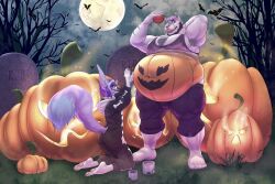  2020 absurd_res anthro armpit_hair barefoot bartz_(fennecaust) bat beard belly belly_painting belt big_belly big_muscles big_pecs body_hair bottomwear brush bull_terrier canid canine canis chest_tuft clothing domestic_dog duo facial_hair feet fennecaust fennecaust_(character) fluffy fluffy_tail food footwear fox fruit fur grass hair halloween hand_behind_head hi_res holidays hunting_dog jack-o&#039;-lantern looking_at_another male mammal moon musclegut muscular muscular_anthro muscular_male navel onesie outside overweight overweight_anthro overweight_male paint paintbrush painting painting_(action) pants pecs pink_hair plant pumpkin pumpkin_belly purple_body purple_bottomwear purple_clothing purple_fur purple_hair purple_pants shirt skeleton_costume socks tail tank_top terrier tombstone topwear tree tuft white_clothing white_footwear white_socks 