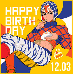  :t animal_print argyle_clothes argyle_sweater bad_id bad_pixiv_id black_eyes boots cake crop_top dated eating food guido_mista happy_birthday hat jojo_no_kimyou_na_bouken limited_palette male_focus midriff nail_polish setsunano sitting sweater tiger_print turtleneck vento_aureo 