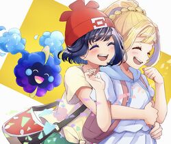  2girls absurdres bag beanie black_hair blonde_hair blush clenched_hand commentary_request cosmog eyelashes green_shorts happy hat highres hug hug_from_behind lillie_(pokemon) multiple_girls open_mouth pleated_skirt pokemon pokemon_(creature) pokemon_sm red_headwear ringomaru selene_(pokemon) shirt short_sleeves shorts shoulder_bag skirt smile teeth tongue yellow_shirt 