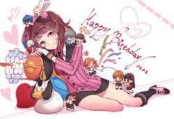  4boys 6+girls amagi_yukiko brown_eyes brown_hair character_doll chibi confetti doujima_nanako hanamura_yousuke happy_birthday himiko_(persona_4) huan_li kneehighs kujikawa_rise kuma_(persona_4) long_hair mashita_kanami miniskirt multiple_boys multiple_girls narukami_yuu party persona persona_4 persona_4:_dancing_all_night persona_dancing satonaka_chie school_uniform shirogane_naoto skirt socks tatsumi_kanji twintails 