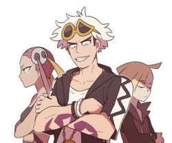  2boys bare_arms blonde_hair closed_eyes closed_mouth commentary_request crossed_arms eyewear_on_head female gladion_(pokemon) grey_eyes guzma_(pokemon) korean_commentary long_sleeves multicolored_hair multiple_boys pink_hair plumeria_(pokemon) pokemon pokemon_sm short_sleeves smile ssalbulre sunglasses tattoo team_skull teeth two-tone_hair white_hair yellow-framed_eyewear 