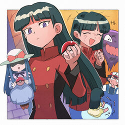  1boy :d aged_down baseball_cap bent_spoon black_hair blunt_bangs border closed_eyes closed_mouth dirty dress female green_hair hand_up hat haunter holding holding_poke_ball jacket long_hair long_sleeves looking_at_viewer open_mouth outside_border poke_ball poke_ball_(basic) pokemon pokemon_(anime) pokemon_(classic_anime) pokemon_(creature) protected_link purple_eyes red_dress sabrina_(pokemon) satoshi_(pokemon) shaded_face shirt smile spoon tsubobot white_border 