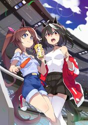  2girls against_railing ahoge alternate_costume animal_ears bare_shoulders belt black_hair black_skirt blue_eyes blue_shorts breasts brown_hair carrot choker cloud cup food hidori_(hibi_toridori) highres holding holding_cup holding_food horse_ears horse_girl horse_tail jacket kitasan_black_(umamusume) long_hair looking_at_viewer medium_breasts multicolored_hair multiple_girls off_shoulder open_mouth outdoors ponytail railing red_jacket shirt_tucked_in shoes short_hair shorts skirt small_breasts smile sneakers stadium streaked_hair tail thighhighs tokai_teio_(umamusume) two_side_up umamusume white_thighhighs 