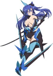  absurdres ass black_leotard blue_eyes blue_hair blue_thighhighs blush breasts chuunioniika elbow_gloves female full_body gloves highres ignite_module kazanari_tsubasa leotard long_hair looking_at_viewer looking_back parted_lips senki_zesshou_symphogear shoulder_blades small_breasts solo sword thighhighs transparent_background weapon 