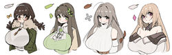  4girls absurdres ahoge black_survival blonde_hair bow bralines breasts brown_eyes brown_hair chloe_lim cleavage commentary eternal_return:_black_survival eva_(black_survival) food glasses green_eyes grey_hair gweon_sua highres huge_breasts korean_commentary long_hair multiple_girls pink_eyes popsicle round_eyewear short_twintails simple_background suzuki_aya twintails upper_body white_background yabby 