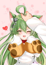  1boy ;d absurdres ahoge akashi_(azur_lane) animal_ear_fluff animal_ears azur_lane blush brown_eyes cat_ears commander_(azur_lane) commentary_request dress female green_hair hair_between_eyes hair_ornament half-closed_eye hands_up headpat heart highres long_hair long_sleeves looking_at_viewer nako_nya one_eye_closed open_mouth out_of_frame signature sleeves_past_fingers sleeves_past_wrists smile very_long_hair white_dress 