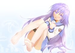  absurdres angel_beats! barefoot blue_sailor_collar blue_skirt commentary_request dutch_angle female full_body highres irie_miyuki long_hair looking_at_viewer pleated_skirt purple_hair sailor_collar school_uniform serafuku shinda_sekai_sensen_uniform simple_background sitting skirt soles solo white_background zuzuhashi 