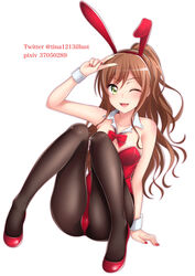  animal_ears bad_id bad_pixiv_id bang_dream! black_pantyhose bow bowtie breasts brown_hair commentary_request detached_collar female full_body green_eyes highres imai_lisa leotard long_hair looking_at_viewer medium_breasts nail_polish one_eye_closed pantyhose playboy_bunny ponytail rabbit_ears red_bow red_bowtie red_leotard simple_background solo tina_(pixiv37050289) white_background wrist_cuffs 