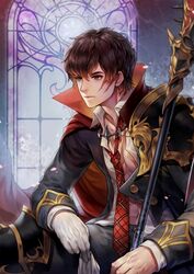  1boy armor brown_hair character_request gloves gold_trim male_focus necktie open_clothes open_shirt plaid_necktie polearm popped_collar red_necktie scar scar_on_face seven_knights shoulder_armor sitting solo spear unworn_gloves weapon white_gloves window winter_(winter168883) 