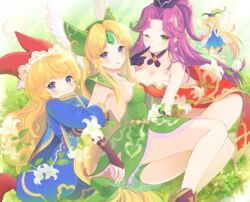  4girls angela_(seiken_densetsu_3) bare_arms bare_shoulders barefoot blonde_hair blue_eyes breasts charlotte_(seiken_densetsu_3) cleavage closed_eyes curly_hair dress faerie_(seiken_densetsu_3) fairy fairy_wings feather_hair_ornament feathers finger_to_mouth flower forehead_jewel frilled_skirt frills girl_sandwich gold_trim grass green_eyes hair_flower hair_intakes hair_ornament highres holding_another&#039;s_arm kkokko leotard long_hair looking_at_viewer medium_breasts multiple_girls one_eye_closed open_mouth panties pantyshot ponytail purple_eyes purple_hair riesz sandwiched seiken_densetsu seiken_densetsu_3 shoulder_plates sidelocks skirt smile strapless strapless_dress strapless_leotard underwear very_long_hair wings 