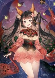  :d animal_ears bell black_eyes black_hair bug butterfly female flower gujian_qitan hair_flower hair_ornament jingle_bell looking_at_viewer open_mouth pink_skirt skirt smile solo standing twintails winter_(winter168883) yellow_butterfly 