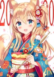  2020 :d animal animal_ear_fluff animal_ears animal_on_shoulder arrow_(projectile) bell blue_eyes blue_kimono blush brown_hair chinese_zodiac commentary_request ema female floral_print hair_between_eyes hamaya highres holding holding_arrow japanese_clothes jingle_bell kimono long_hair long_sleeves looking_at_viewer mouse_(animal) mouse_on_shoulder obi oerba_yun_fang open_mouth original print_kimono sakura_ani sash smile solo tail tail_raised very_long_hair wide_sleeves year_of_the_rat 