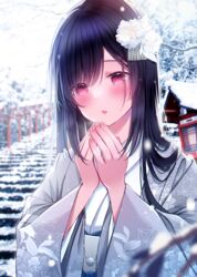  absurdres black_hair blurry blurry_background blush building female floral_print flower hair_flower hair_ornament hands_up highres japanese_clothes kanzashi kimono kuro_namako long_hair long_sleeves obi original outdoors own_hands_together parted_lips pink_eyes sash shrine snow solo stairs tree white_flower white_kimono 