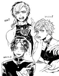  3boys bad_id bad_pixiv_id bare_shoulders braid choker crop_top diamond_wa_kudakenai gakuran genderswap_(ftm) greyscale highres jojo_no_kimyou_na_bouken kujo_jolyne middle_finger midriff monochrome multicolored_hair multiple_boys outstretched_hand rule_63 school_uniform setsunano short_hair spider_web_print stone_ocean trish_una two-tone_hair vento_aureo yamagishi_yukako 