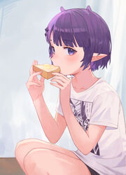  absurdres bare_legs black_shorts bob_cut bread bread_slice commentary eating female food food_in_mouth highres hololive hololive_english kiwwwwwi mouth_hold ninomae_ina&#039;nis ninomae_ina&#039;nis_(loungewear) pointy_ears purple_eyes purple_hair shirt short_hair short_shorts short_sleeves shorts solo squatting toast toast_in_mouth virtual_youtuber white_shirt 