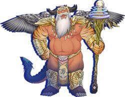  1boy animal_ears animal_feet arche_(crave_saga) armor bara beard belly body_fur crave_saga dark-skinned_male dark_skin dragon_boy dragon_horns dragon_tail dragon_wings facial_hair fujimoto_gou full_body gold_armor green_eyes hair_slicked_back holding holding_staff horns jewelry large_pectorals laughing long_beard male_focus mature_male monster_boy multiple_horns multiple_rings muscular muscular_male navel navel_hair necklace nipples official_art old old_man pauldrons pectorals pelvic_curtain plump ring scales shoulder_armor solo staff standing stomach tail thick_eyebrows tiger_stripes tooth_necklace transparent_background white_hair wings 