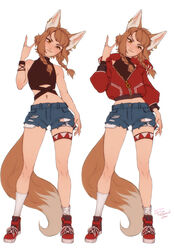  \n/ animal_ear_fluff animal_ears arm_at_side artist_name bare_arms bare_shoulders braid brown_eyes brown_hair commentary crop_top earrings female fox_ears fox_girl fox_tail full_body head_tilt highres jacket jewelry khiara_(personal_ami) legs_apart long_hair long_sleeves multiple_views navel navel_piercing original personal_ami piercing red_jacket short_shorts shorts simple_background single_earring sleeveless slit_pupils socks standing symbol-only_commentary tail thigh_strap torn_clothes torn_shorts twin_braids white_background white_socks 