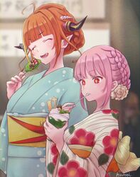  +_+ 3girls ahoge alternate_costume alternate_hairstyle aqua_kimono artist_name back_bow blonde_hair blunt_bangs blurry blurry_background blush bow braid breasts closed_eyes commentary cup diagonal-striped_bow diagonal_stripes disposable_cup dragon_girl dragon_horns fangs floral_print flower food french_braid fruit fruit_popsicle hair_flower hair_ornament hand_up holding holding_cup holding_food holding_spoon hololive hololive_english horn_bow horn_ornament horns ice_cream ice_cream_cup japanese_clothes kimono kiryu_coco kyou_fumei long_hair long_sleeves mori_calliope multicolored_hair multiple_girls open_mouth orange_hair pink_hair pointy_ears popsicle red_eyes sidelocks spoon stalking strawberry streaked_hair striped striped_bow takanashi_kiara tied_hair upper_body utensil_in_mouth virtual_youtuber when_you_see_it white_flower wide_sleeves 