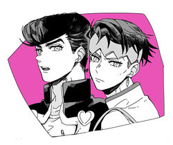  2boys bad_id bad_pixiv_id diamond_wa_kudakenai earrings gakuran hairband headband higashikata_josuke jewelry jojo_no_kimyou_na_bouken kishibe_rohan male_focus monochrome multiple_boys pompadour school_uniform setsunano undercut 