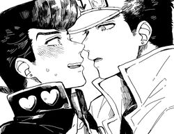  2boys bad_id bad_pixiv_id blush diamond_wa_kudakenai earrings gakuran greyscale hat higashikata_josuke imminent_kiss jewelry jojo_no_kimyou_na_bouken kujo_jotaro male_focus monochrome multiple_boys nervous pompadour school_uniform setsunano sweat yaoi 