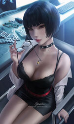  blue_hair breasts brown_eyes choker cleavage commentary doctor dress english_commentary female glasses jewelry lab_coat legs medicine medium_breasts nail_polish necklace patreon_username persona persona_5 short_dress short_hair signature takemi_tae thighs web_address wickellia 