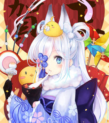  animal animal_ear_fluff animal_ears animal_on_head azur_lane bird black_gloves blue_eyes blue_kimono blush bowl chick chinese_zodiac closed_mouth commentary_request eating female floral_print food fork frilled_sleeves frills fur_collar gloves hair_rings highres holding holding_bowl holding_fork japanese_clothes kasumi_(azur_lane) kasumi_(new_year&#039;s_comfort)_(azur_lane) kimono long_hair long_sleeves looking_at_viewer manjuu_(azur_lane) mochi mochi_trail new_year obi official_alternate_costume on_head otogi_kyouka print_kimono sash solo upper_body white_hair wide_sleeves yagasuri year_of_the_rat 