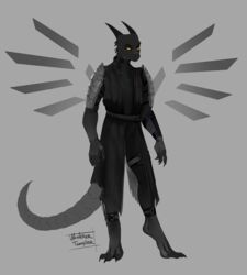  2022 absurd_res anthro armor black_body cape claws clothed clothing digital_media_(artwork) full-length_portrait hi_res horn looking_at_viewer male metal_tail metallic_wings neoprene portrait scales scar simple_background solo tail thal_verscholen torn_clothing wanderertamplior wings yellow_eyes 