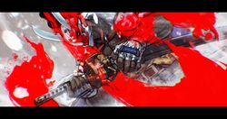  1boy arm_out_of_sleeve battle black_hair covered_face dark-skinned_male dark_skin dreadlocks english_commentary fighting_stance fingerless_gloves gloves guilty_gear guilty_gear_strive highres hiroaki_(kof) letterboxed male_focus mask muscular muscular_male nagoriyuki official_art oni_mask samurai sword vampire very_dark_skin weapon white_gloves 