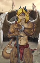  2023 acupa anthro aurelio_larone blonde_hair blue_eyes bottomwear clothing cuff_(restraint) fish hair hi_res horn loincloth long_hair male marine melee_weapon muscular muscular_anthro muscular_male paladin restraints shackles shark shark_tail simple_background solo sword tail twunk weapon white_wings wings 