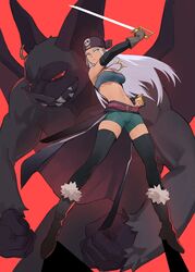  bandana bandeau bat_(animal) black_gloves black_thighhighs blue_dragon boots brown_gloves commentary crop_top elbow_gloves english_commentary female from_below full_body fur-trimmed_boots fur_trim gloves green_shorts highres holding holding_sword holding_weapon killer_bat knifedragon layered_gloves long_hair midriff monster navel sheath short_shorts shorts sword thighhighs weapon white_hair zola_(blue_dragon) 