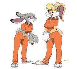  3_toes annoyed anthro blonde_hair blue_eyes buckteeth chains clothing crossover cuff_(restraint) dipstick_ears disney duo ear_markings feet female fur glare grey_body grey_fur hair handcuffs hi_res inmates_clothing judy_hopps jumpsuit lagomorph leporid lola_bunny looney_tunes mammal metal_cuffs multicolored_body multicolored_ears multicolored_fur open_mouth orange_jumpsuit prison_uniform purple_eyes rabbit restraints shackles skeleito teeth toes two_tone_body two_tone_fur warner_brothers white_body white_fur yellow_body yellow_fur zootopia 