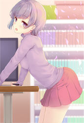  against_table blurry blurry_background blush breasts commentary_request depth_of_field female from_side holding holding_stylus indoors izumi_nanae_(komone_ushio) komone_ushio long_sleeves looking_at_viewer miniskirt open_mouth original paid_reward_available pleated_skirt purple_eyes purple_hair purple_sweater red_skirt short_hair skirt small_breasts solo stylus sweater table 