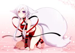  aika_(konshin) all_fours animal_ears arm_wrap artist_self-insert bare_shoulders barefoot black_ribbon blue_eyes blush breasts choker circle cleavage closed_mouth collarbone commentary_request criss-cross_halter dated female flipped_hair flower fluffy fox_ears fox_tail full_body gradient_background hair_between_eyes hair_over_one_eye halterneck heterochromia konshin konshin_(character) leg_wrap loincloth looking_at_viewer midriff mole_(animal) navel no_shoes original pelvic_curtain pink_background purple_eyes red_ribbon ribbon short_hair short_hair_with_long_locks signature small_breasts solo tail toeless_legwear white_background white_hair 