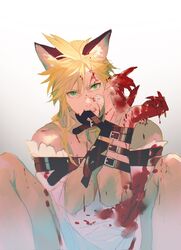  1boy angry animal_ears bandage_on_face bandages bare_shoulders belt_buckle biting black_collar blonde_hair blood blood_on_clothes blood_on_dress blood_on_face blood_on_hands bondage bondage bound buckle cat_boy cat_ears claws cloud_strife cloud_strife_(ball_gown) collar crossdressing dress final_fantasy final_fantasy_vii gradient_background green_eyes highres kemonomimi_mode knees_up male_focus medium_hair messy_hair purple_dress restrained simple_background sitting slit_pupils solo spiked_hair xianyu314 