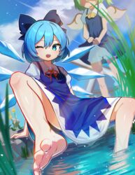  2girls ;d absurdres bare_legs barefoot bloomers blue_bow blue_dress blue_eyes blurry blurry_foreground bongnom bow breasts cirno commentary_request daiyousei dandelion day dress dutch_angle fairy_wings feet flower foot_focus grass hair_between_eyes hairbow highres ice ice_wings knee_up legs looking_at_viewer multiple_girls one_eye_closed open_mouth outdoors perspective puffy_short_sleeves puffy_sleeves short_sleeves sky small_breasts smile soaking_feet soles solo_focus spread_legs spread_toes toes touhou underwear wings yellow_flower 