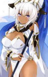  blue_flag blush breasts bridal_gauntlets cleavage closed_mouth commentary_request cowboy_shot dark-skinned_female dark_skin female flag gomashi_(goma) hair_between_eyes hand_up holding holding_flag large_breasts leotard looking_at_viewer o-ring original pelvic_curtain purple_eyes shrug_(clothing) smile solo standing white_hair white_headwear white_leotard wide_sleeves 