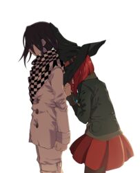  1boy black_hair black_jacket brown_legwear checkered_clothes checkered_scarf clenched_hand commentary_request cowboy_shot crying danganronpa_(series) danganronpa_v3:_killing_harmony female flipped_hair from_side grey_jacket hand_up hat jacket jingle_(mhb729) long_sleeves medium_hair miniskirt oma_kokichi pants pantyhose red_hair red_skirt scarf simple_background skirt tears white_background white_pants witch_hat yumeno_himiko 