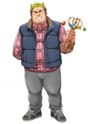  1boy alpha_transparency amamiya_(ammami8) bara blonde_hair blush brown_hair eyebrow_cut full_body gradient_hair hair_horns jacket long_sideburns male_focus multicolored_hair muscular muscular_male official_art pants plaid plaid_shirt scar shirt short_hair sideburns simple_background sleeveless sleeveless_jacket smile solo sweatpants thick_eyebrows third-party_source tohno_motosumi tokyo_afterschool_summoners transparent_background two-tone_hair vajra_(object) 