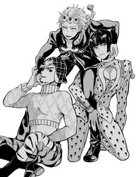  3boys animal_print argyle_clothes argyle_sweater bad_id bad_pixiv_id blunt_bangs bob_cut boots braid bruno_bucciarati cleavage_cutout clothing_cutout crop_top giorno_giovanna greyscale guido_mista hat highres jojo_no_kimyou_na_bouken male_focus midriff monochrome multiple_boys setsunano sweater tiger_print turtleneck vento_aureo 