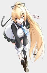  .live :&lt; absurdres alternate_costume alternate_hairstyle bending blonde_hair commentary_request dated female gashitani gloves green_eyes hair_ornament hairclip highres kongou_iroha long_hair ponytail signature simple_background single_thighhigh solo thighhighs virtual_youtuber white_background white_gloves 