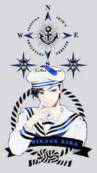  1boy bad_id bad_pixiv_id black_hair blue_eyes bubble character_name compass hat highres jojo_no_kimyou_na_bouken jojolion killer_queen kira_yoshikage_(jojolion) male_focus rope sailor sailor_hat setsunano solo star_(symbol) 