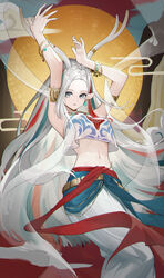  a_deer_of_nine_colors absurdres animal_ears antler_ring antlers arknights armlet armpits arms_up blue_hair bracelet breasts cloud crop_top earrings female forehead genera-x grey_eyes highres horns jewelry long_hair long_skirt looking_at_viewer medium_breasts multicolored_hair navel nine-colored_deer parted_lips red_hair see-through shawl skirt smile solo stomach sun very_long_hair white_hair white_skirt 