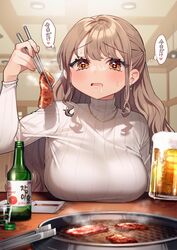  +_+ alcohol beer beer_mug blurry blurry_background blush bottle breast_rest breasts breasts_on_table brown_eyes brown_hair ceiling ceiling_light chain_necklace chains check_commentary chibi_kyonyuu chopsticks commentary_request cooking cup depth_of_field drinking_glass drooling earrings female food frying_pan glint gold_necklace hand_up highres holding holding_chopsticks holding_cup hoop_earrings indoors jewelry kodama&#039;s_elder_sister_(sakura_yuki) large_breasts long_hair long_sleeves looking_at_viewer meat mug necklace open_mouth parted_bangs raised_eyebrows restaurant ribbed_sweater sakura_yuki_(clochette) saliva shot_glass sidelocks soju solo soy_sauce steam straight-on sweatdrop sweater symbol-shaped_pupils table taut_clothes taut_sweater thought_bubble tongs translated turtleneck turtleneck_sweater upper_body wavy_hair white_sweater yakiniku 